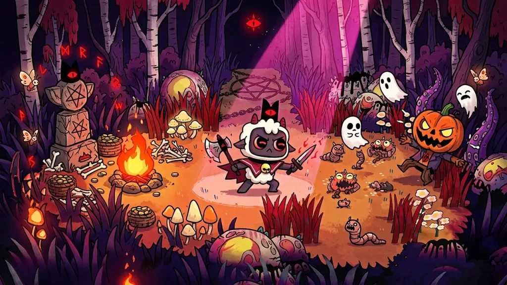 Cult of the Lamb Switch NSP Halloween-themed forest scene with pumpkin enemy and ghosts