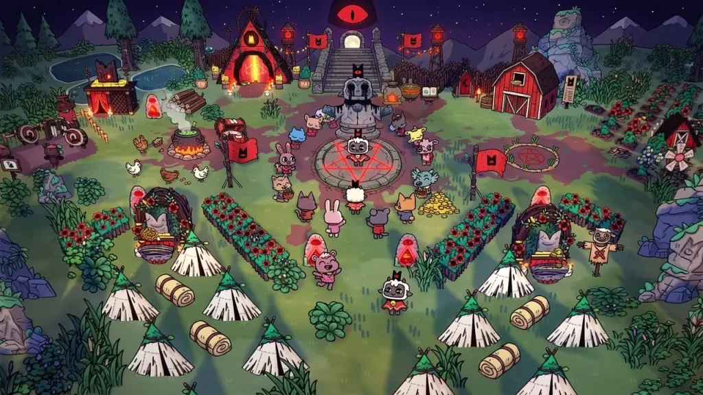 Cult of the Lamb Switch NSP village at night with followers, farms, and shrine