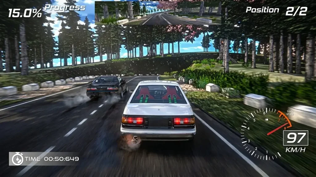 Project Drift Japan Challenge Switch NSP AE86 chasing rival car on cherry blossom lined road in Project Drift Japan Challenge